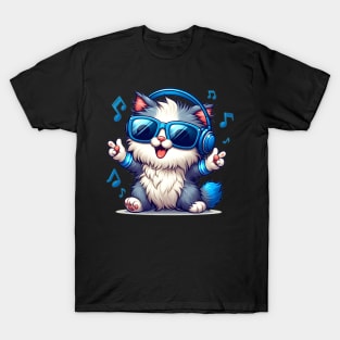 Cute cat wearing blue headphone and sunglass enjoying music T-Shirt